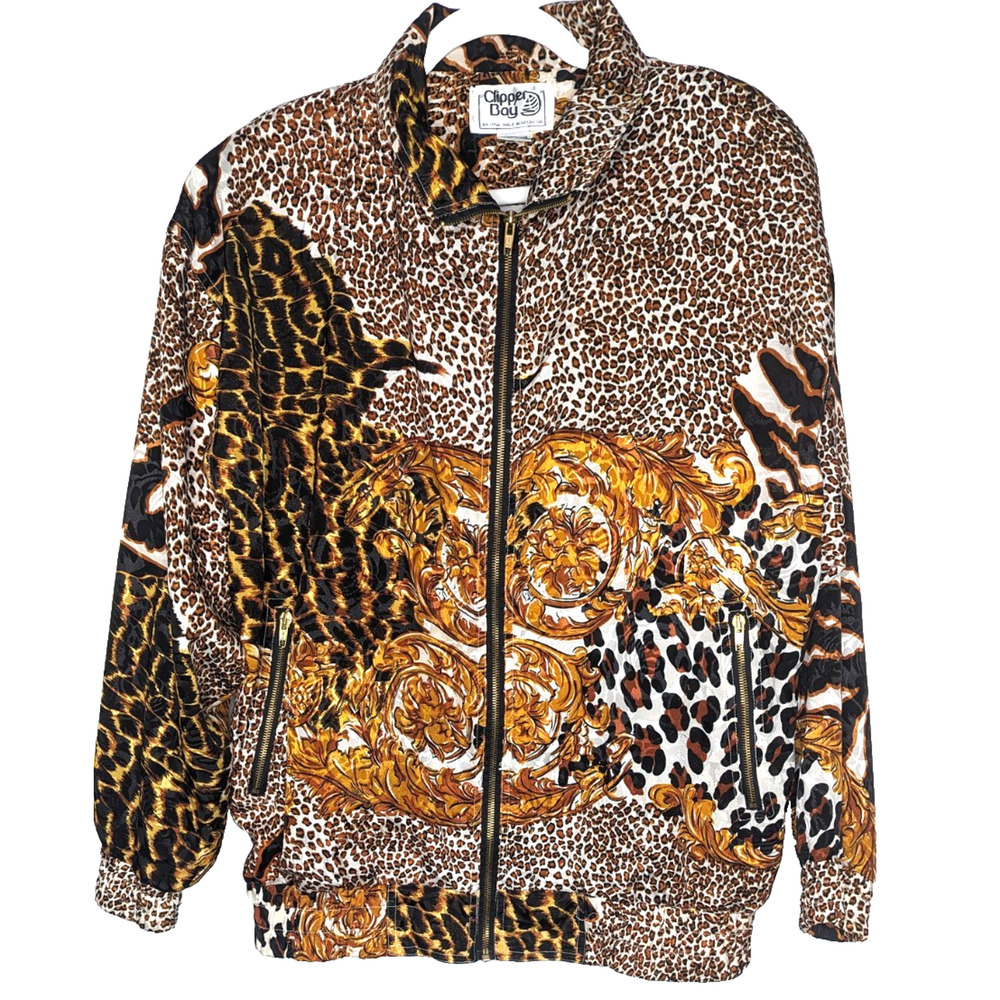VTG 80s 90s Satin Cheetah Leopard Print Mobwife Grannycore Bomber Moto Jacket SM
